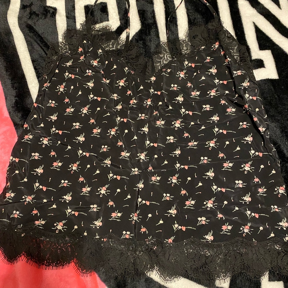 VS Satin Lace Cami, Size small, Black & Floral Print - Picture 2 of 5